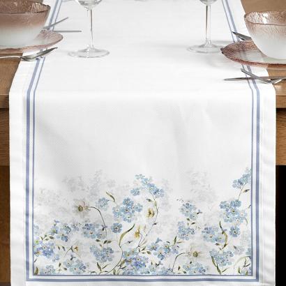 Bieżnik dekoracyjny SUMMER18 40x140 Eurofirany naturalny błękitny kwiatuszki a'la niezapominajki