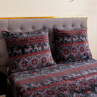 Pościel polarowa XmasCozy 160x200 welur świąteczna grafitowa czerwona skandynawski wzór renifery