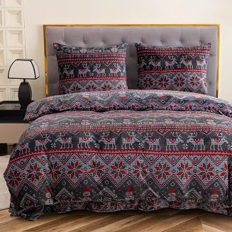 Pościel polarowa XmasCozy 160x200 welur świąteczna grafitowa czerwona skandynawski wzór renifery