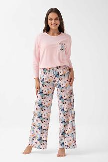 Piżama damska LUNA kod 348 różowa spodnie w różowo-miętowe kwiaty