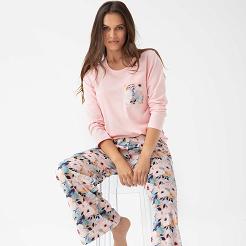 Piżama damska LUNA kod 348 różowa spodnie w różowo-miętowe kwiaty