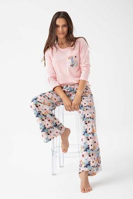 Piżama damska LUNA kod 348 różowa spodnie w różowo-miętowe kwiaty