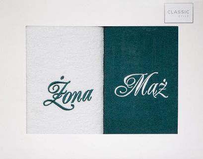 Komplet ręczników 2 szt. 50x90 Eurofirany Mąż-Żona kremowy butelkowy zielony