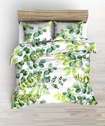 Pościel bawełniana 160x200 biała zielona listki na gałązkach