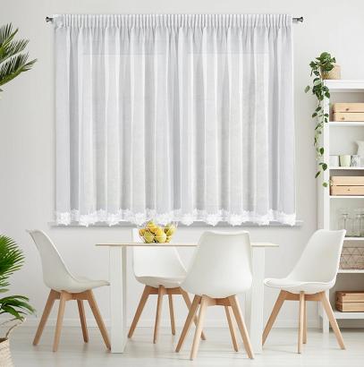 Firana gotowa na taśmie KAJA 350x155 Eurofirany biała zdobiona koronką aplikacją w kwiaty