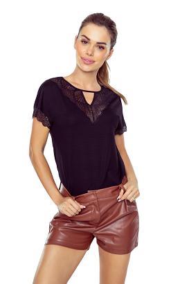 Bluzka damska z delikatną koronką przy dekolcie Galatea czarna