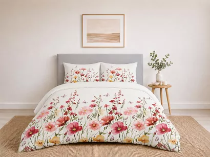 Pościel bawełniana 220x200 Detexpol off white w czerwone różowe i żółte maki