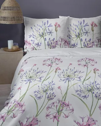 Pościel satynowa Home Satin 160x200 biała w fioletowe różowe smukłe kwiaty