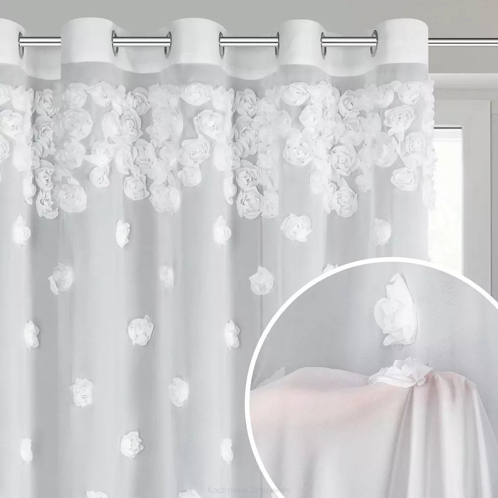 Firana gotowa na przelotkach DIANA 350x250 Eurofirany biała z szyfonu ozdobiona aplikacją w róże 3D
