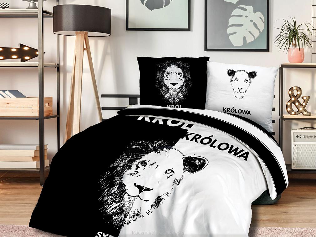 Pościel bawełniana 160x200 PANELOVE biało czarna w lwice i lwa
