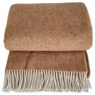 Koc wełniany jednobarwny 155x205 toffi z jasnymi frędzlami