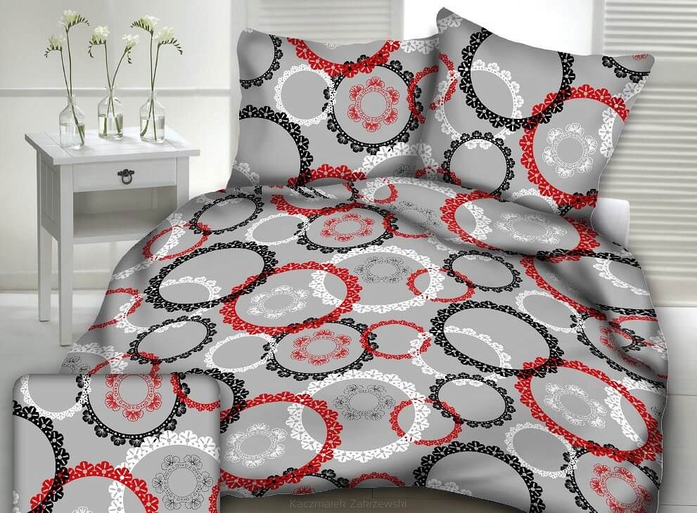Pościel z kory 160x200 wzór ornamentowe okręgi czerwone