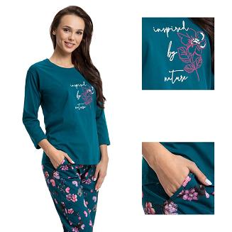 Piżama damska LUNA kod 594 zielona / spodnie w turkusowe kwiaty