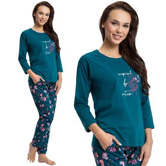 Piżama damska LUNA kod 594 zielona / spodnie w turkusowe kwiaty