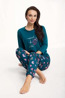 Piżama damska LUNA kod 594 zielona / spodnie w turkusowe kwiaty