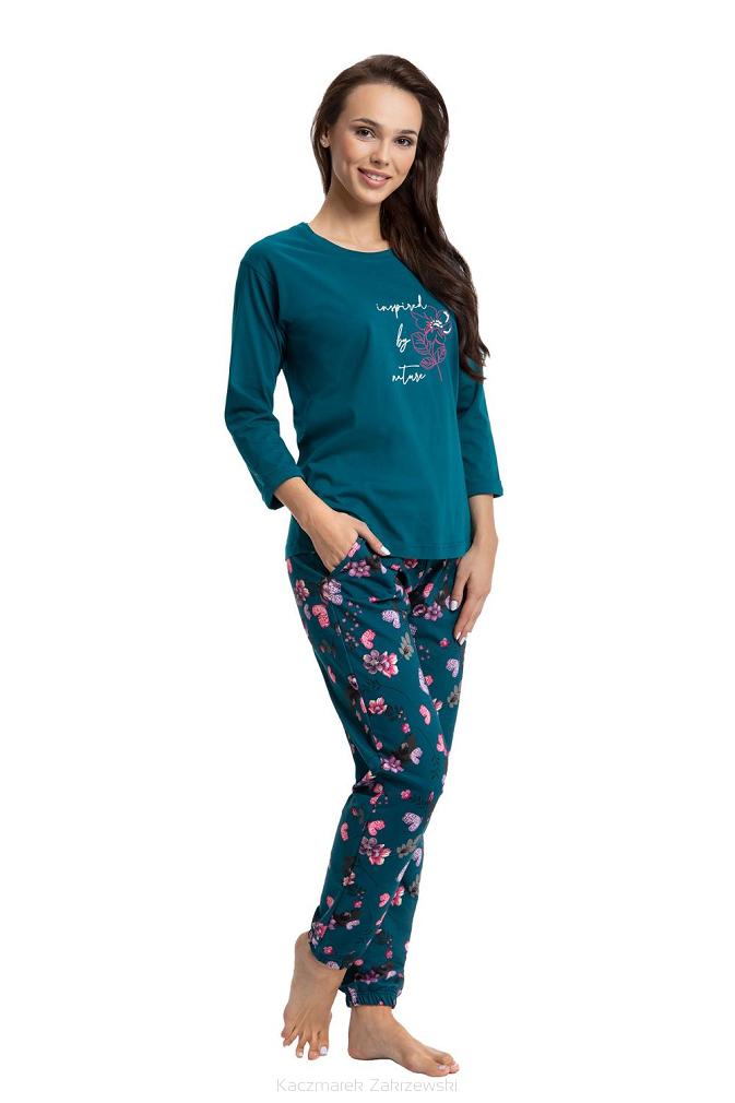 Piżama damska LUNA kod 594 zielona / spodnie w turkusowe kwiaty