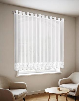 Firana gotowa na przelotkach ROSES 400x160 Eva Minge Eurofirany biała z szyfonu z 3 pasami róż