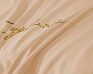 Pościel 200x220 beżowa złoty haft satynowa lamówka