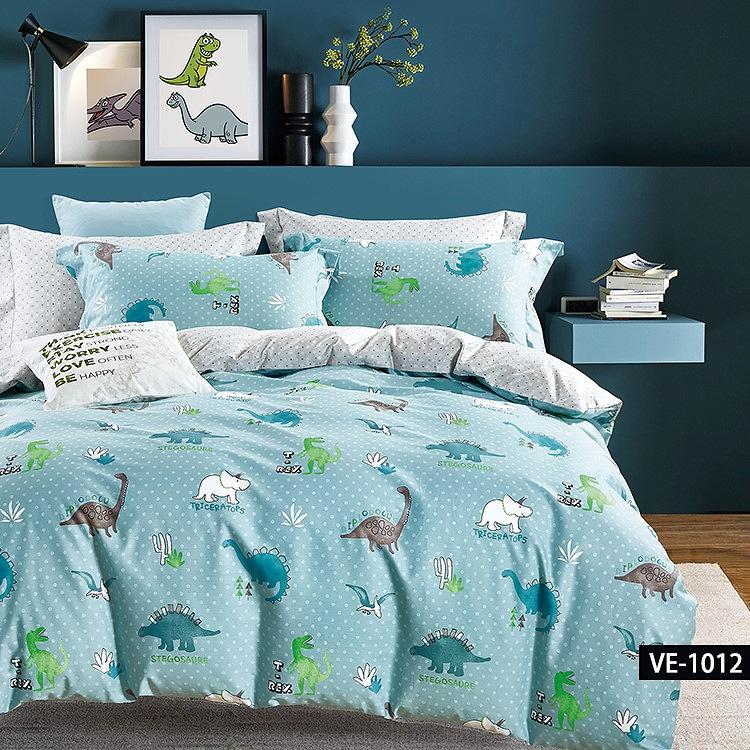 Pościel dla dzieci 160x200 turkusowa szara dinozaury kropki