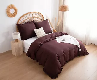 Pościel satyna bawełniana 140x200 Ruffy Premium brązowa z falbanką