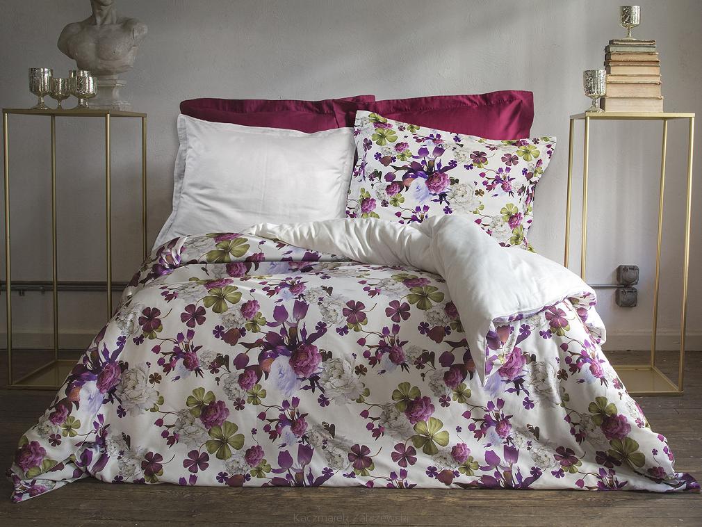 Pościel satyna bawełniana KALINA 200x220 biała fioletowa zielona kwiaty PREMIUM