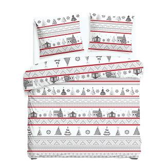 Pościel flanelowa FLANELOVE 220x200 świąteczny wzór chatki i choinek na białym tle