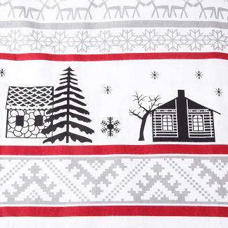 Pościel flanelowa FLANELOVE 220x200 świąteczny wzór chatki i choinek na białym tle