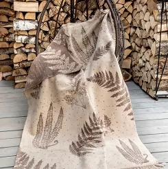 Koc bawełniano-akrylowy 150x200 beżowy liście paproci wzór 1393-1