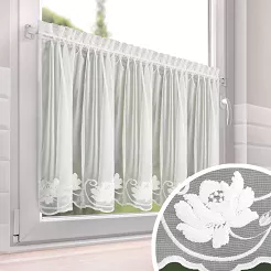 Zazdrostka firana gotowa na taśmie LETI 150x70 Eurofirany biała z siatki zdobiona kwiatowym haftem