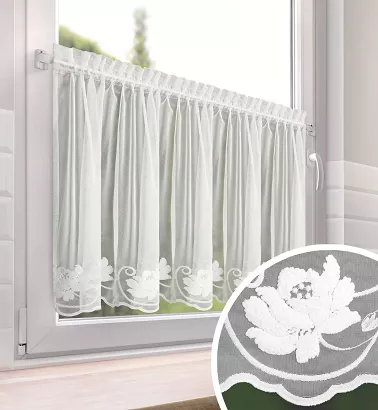 Zazdrostka firana gotowa na taśmie LETI 150x70 Eurofirany biała z siatki zdobiona kwiatowym haftem