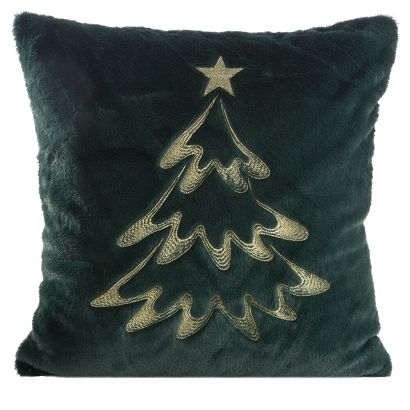 Poszewka dekoracyjna świąteczna 45x45 Eurofirany ciemnozielona futerkowa haftowana choinka