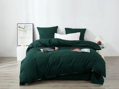 Pościel satyna bawełniana Queen Premium 140x200 butelkowa zieleń ze złotą lamówką