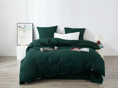 Pościel satyna bawełniana Queen Premium 140x200 butelkowa zieleń ze złotą lamówką