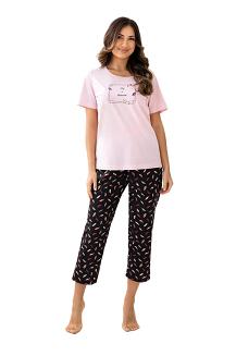 Piżama damska REGINA kod 733 różowa brązowa spodnie w piórka