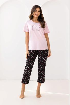 Piżama damska REGINA kod 733 różowa brązowe spodnie w piórka