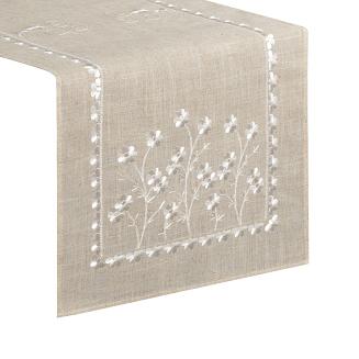 Bieżnik dekoracyjny ADELINE 40x140 Eurofirany z dodatkiem lnu beżowy w białe haftowane kwiatuszki