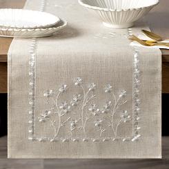 Bieżnik dekoracyjny ADELINE 40x140 Eurofirany z dodatkiem lnu beżowy w białe haftowane kwiatuszki