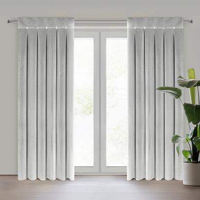 Zasłona gotowa na szelkach ALITA 85x250 Eurofirany srebrna umarszczona ozdobiona na górze guzikami