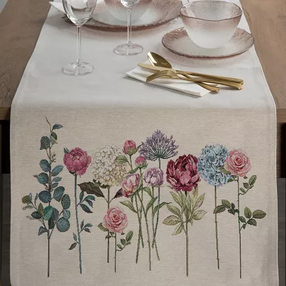 Bieżnik obrus dekoracyjny gobelin 50x110 Eurofirany naturalny ogrodowe kwiaty peonie