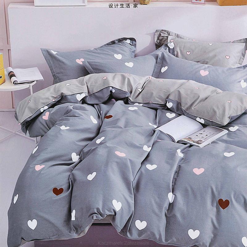 Pościel satynowa 160x200 szara stalowa w serduszka