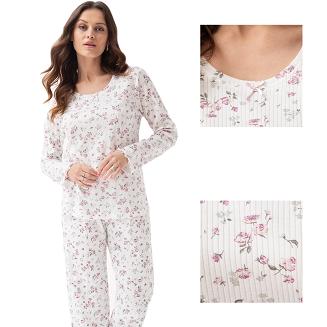 Piżama damska LUNA kod 691 ecru różowa prążki różyczki kwiatki