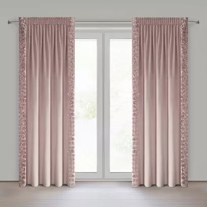 Zasłona gotowa na taśmie ROSES 140x270 Eva Minge Eurofirany pudrowa z pasami ozdobnych róż po bokach