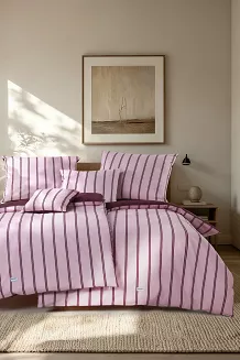 Pościel Perkalowa Bawełniana LINE Różowa w Burgundowe Paski (160x200 cm)