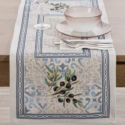 Bieżnik obrus dekoracyjny gobelin 40x100 Eurofirany naturalny niebieski oliwki ornamenty