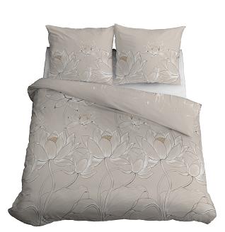 Pościel satynowa 160x200 Detexpol beżowa kwiaty lotosu