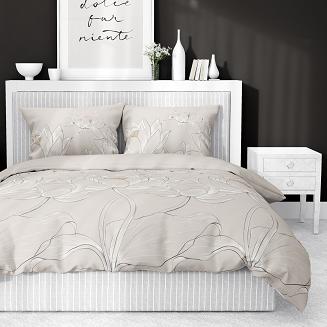 Pościel satynowa 160x200 Detexpol beżowa kwiaty lotosu