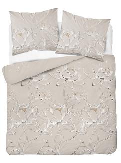 Pościel satynowa 160x200 Detexpol beżowa kwiaty lotosu