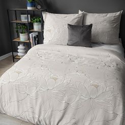 Pościel satynowa 160x200 Detexpol beżowa kwiaty lotosu