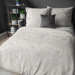 Pościel satynowa 160x200 Detexpol beżowa kwiaty lotosu