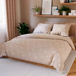 Komplet pościeli z bawełny satynowej VELORA 160x200 beżowa w białe kwiatuszki